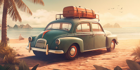 A generative AI illustration of an old car on a beach with luggage, featuring tropical symbolism.の素材