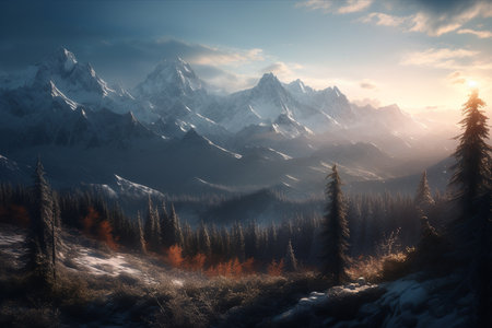 Majestic mountain peaks at foggy sunrise. Generative AI.の素材
