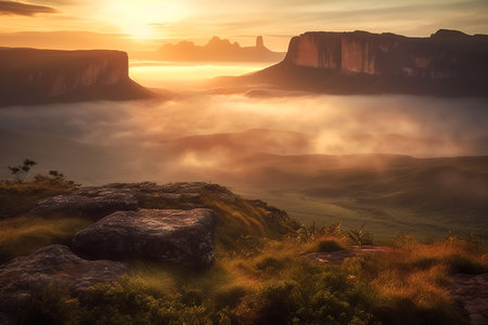 Majestic foggy sunrise at mountain plateau. Generative AI.の素材