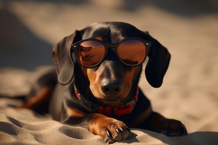 Cute dog wearing sunglasses at the beach. Generative AI.の素材