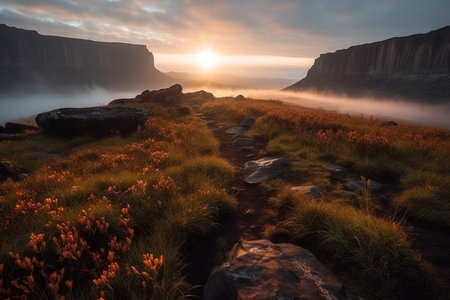 Majestic foggy sunrise at mountain plateau. Generative AI.の素材