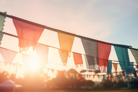 Colorful fair flag bunting at sunrise for festive celebrations. Generative AI.の素材