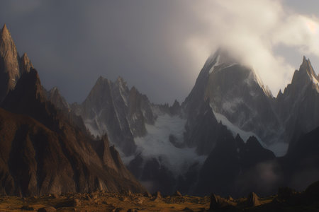 Majestic mountain peaks at foggy sunrise. Generative AI.の素材