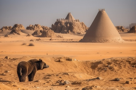 Brown bear in desert with pyramids. Wilderness and ancient civilization meeting. Generative AI.の素材