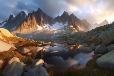 Majestic mountain peaks at foggy sunrise. Generative AI.の素材