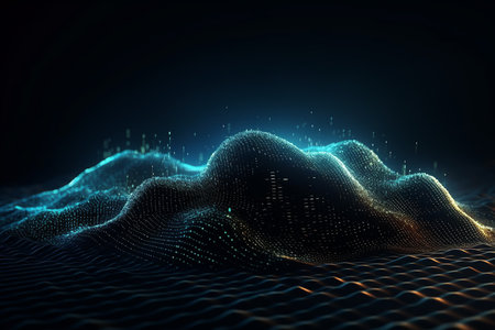 Futuristic data technology landscape with binary code and 3D waves. Generative AI.の素材