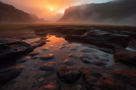 Majestic foggy sunrise at mountain plateau. Generative AI.の素材
