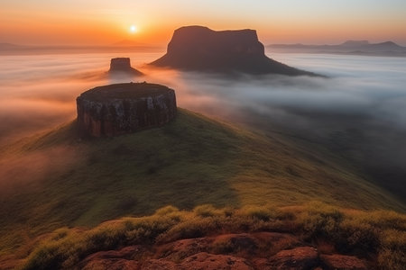 Majestic foggy sunrise at mountain plateau. Generative AI.の素材