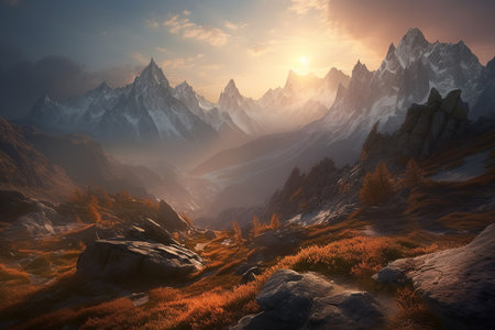 Majestic mountain peaks at foggy sunrise. Generative AI.の素材