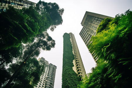 Vertical gardens in city skyline improve air quality and reduce heat effect. Generative AI.の素材