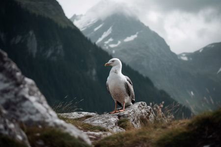 Seagull perching on a rocky outcrop surrounded by majestic mountains. Generative AI.の素材