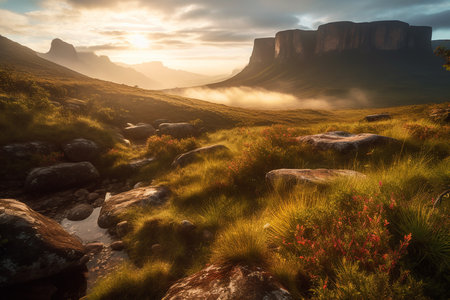 Majestic foggy sunrise at mountain plateau. Generative AI.の素材