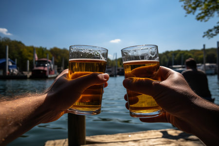 Cheers with beer at the lake. Generative AI.の素材