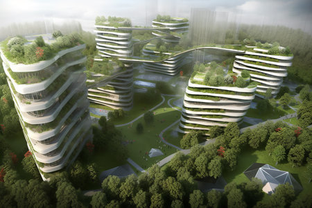 Vertical gardens in city skyline improve air quality and reduce heat effect. Generative AI.の素材
