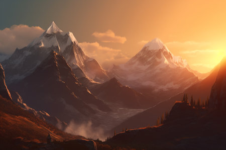 Majestic mountain peaks at foggy sunrise. Generative AI.の素材