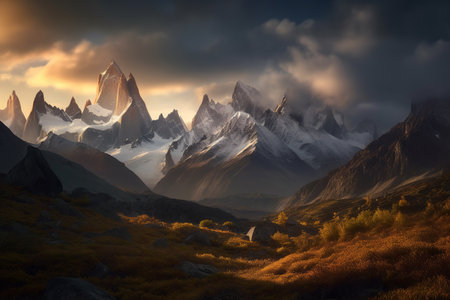 Majestic mountain peaks at foggy sunrise. Generative AI.の素材