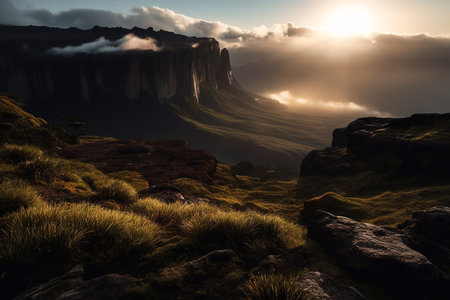 Majestic foggy sunrise at mountain plateau. Generative AI.の素材