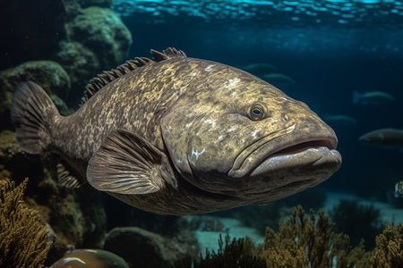 Underwater photograph of Atlantic Goliath Groupers swimming in their natural habitat. Generative AI.の素材