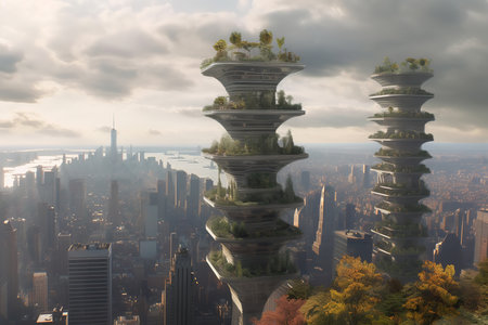 Vertical gardens in city skyline improve air quality and reduce heat effect. Generative AI.の素材