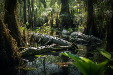 Scary alligator in its natural swamp habitat. Generative AI.の素材