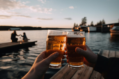 Cheers with beer at the lake. Generative AI.の素材