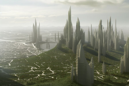 Vertical gardens in city skyline improve air quality and reduce heat effect. Generative AI.の素材