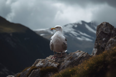 Seagull perching on a rocky outcrop surrounded by majestic mountains. Generative AI.の素材