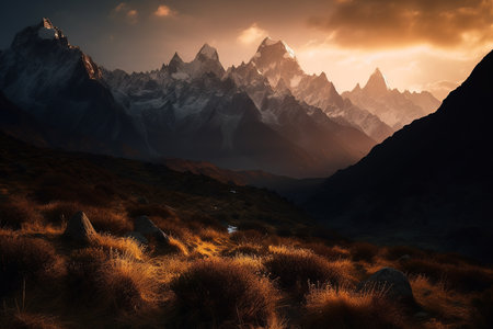Majestic mountain peaks at foggy sunrise. Generative AI.の素材