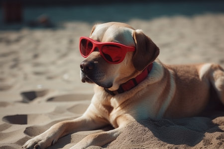 Cute dog wearing sunglasses at the beach. Generative AI.の素材