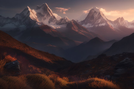 Majestic mountain peaks at foggy sunrise. Generative AI.の素材