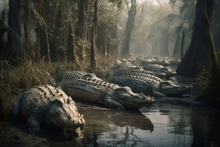 Scary alligator in its natural swamp habitat. Generative AI.の素材