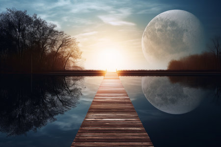 Mysterious pier with magical light and giant moon in the sky. Generative AI.の素材