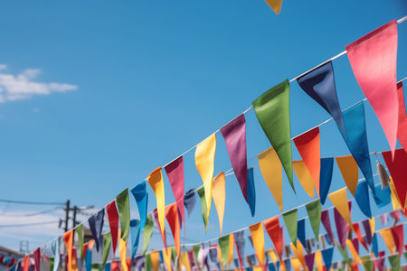 Colorful fair flag bunting at sunrise for festive celebrations. Generative AI.の素材
