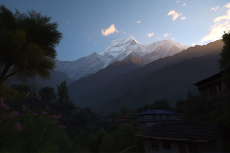 Majestic mountain peaks at foggy sunrise. Generative AI.の素材