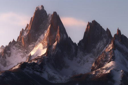 Majestic mountain peaks at foggy sunrise. Generative AI.の素材