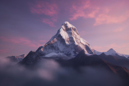 Majestic mountain peaks at foggy sunrise. Generative AI.の素材