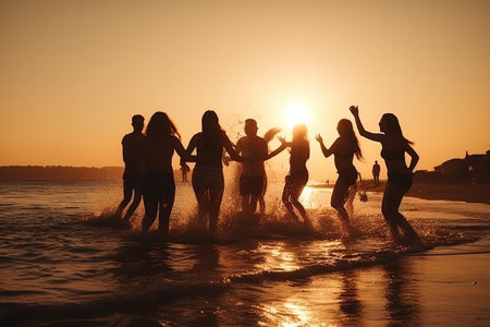 Group of friends and family having a fun summer beach party, jumping and enjoying the sunny day. Generative AIの素材