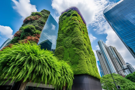 Vertical gardens in city skyline improve air quality and reduce heat effect. Generative AI.の素材