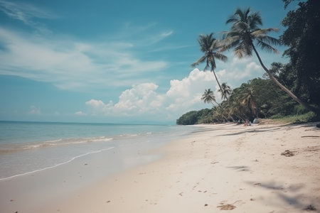 Tropical beach with blue sky and white clouds, perfect for summer vacation and travel. Generative AIの素材