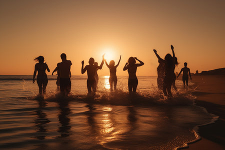 Group of friends and family having a fun summer beach party, jumping and enjoying the sunny day. Generative AIの素材