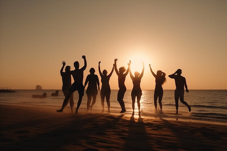 Group of friends and family having a fun summer beach party, jumping and enjoying the sunny day. Generative AIの素材