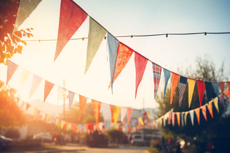Colorful fair flag bunting at sunrise for festive celebrations. Generative AI.の素材