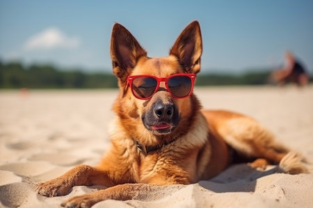 Cute dog wearing sunglasses at the beach. Generative AI.の素材