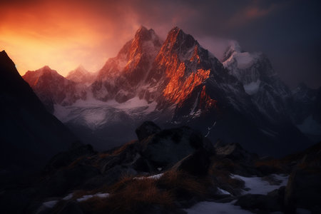 Majestic mountain peaks at foggy sunrise. Generative AI.の素材