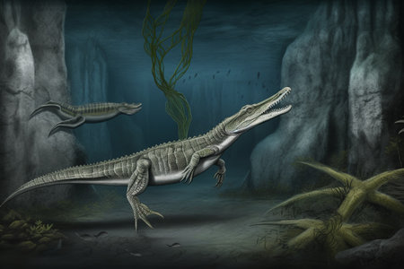Scary alligator in its natural swamp habitat. Generative AI.の素材