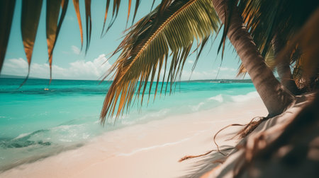 Tropical beach with blue sky and white clouds, perfect for summer vacation and travel. Generative AIの素材