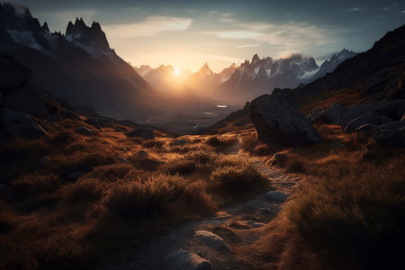 Majestic mountain peaks at foggy sunrise. Generative AI.の素材