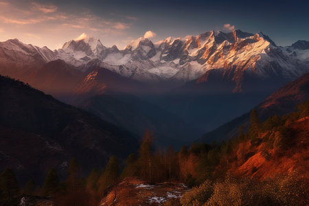 Majestic mountain peaks at foggy sunrise. Generative AI.の素材