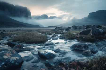 Foggy sunrise at mountain plateau. Generative AI.の素材