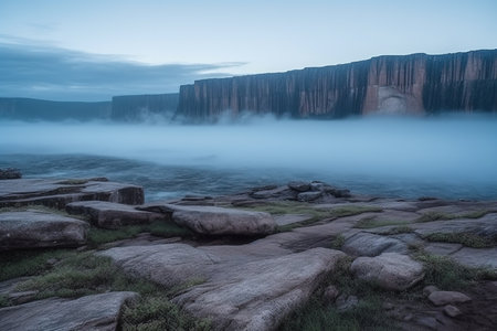 Foggy sunrise at mountain plateau. Generative AI.の素材